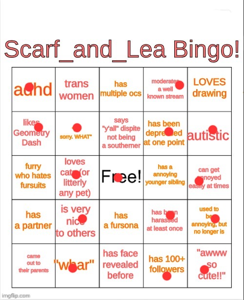 Scarf_and_Lea Bingo | image tagged in scarf_and_lea bingo | made w/ Imgflip meme maker