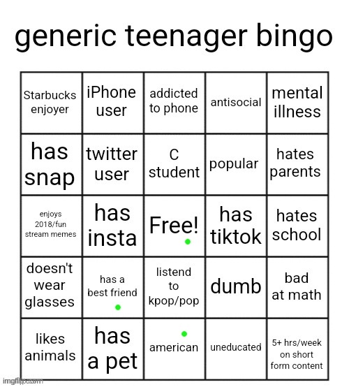 look how normal i am. | image tagged in generic teenager bingo | made w/ Imgflip meme maker