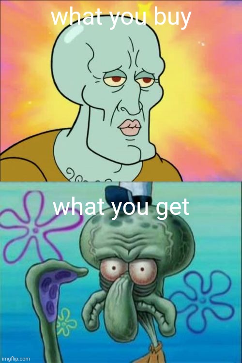 so relatable bro | what you buy; what you get | image tagged in memes,squidward | made w/ Imgflip meme maker