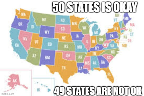 meme by Brad 49 states are not OK | 50 STATES IS OKAY; 49 STATES ARE NOT OK | image tagged in fun,funny,united states of america,humor,funny meme,oklahoma | made w/ Imgflip meme maker