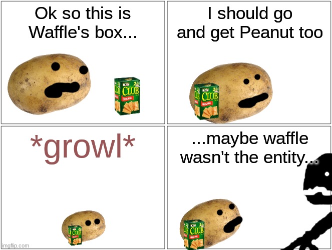 part 3? | Ok so this is Waffle's box... I should go and get Peanut too; *growl*; ...maybe waffle wasn't the entity... | image tagged in memes,blank comic panel 2x2 | made w/ Imgflip meme maker