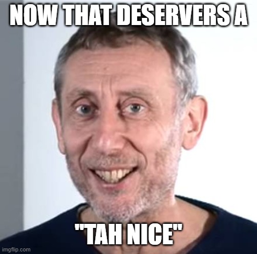 nice Michael Rosen | NOW THAT DESERVERS A "TAH NICE" | image tagged in nice michael rosen | made w/ Imgflip meme maker