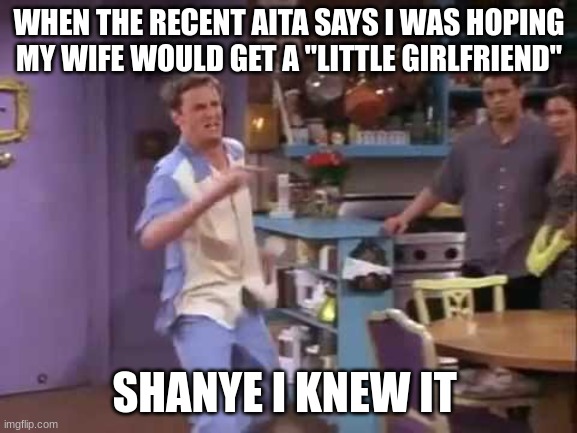 aita i knew it | WHEN THE RECENT AITA SAYS I WAS HOPING MY WIFE WOULD GET A "LITTLE GIRLFRIEND"; SHANYE I KNEW IT | image tagged in i knew it | made w/ Imgflip meme maker