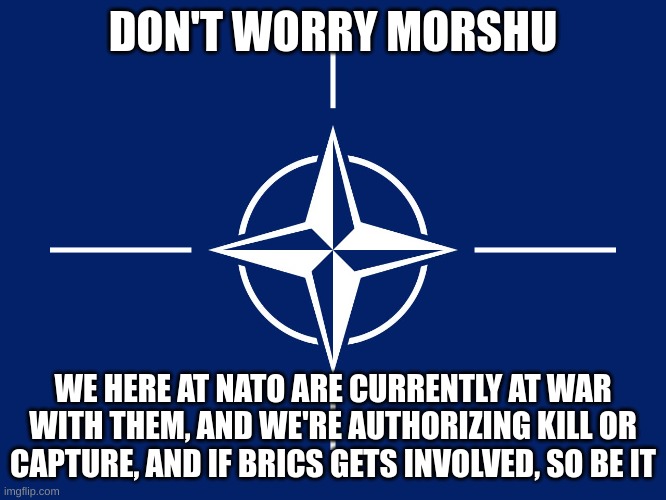 NATO flag | DON'T WORRY MORSHU WE HERE AT NATO ARE CURRENTLY AT WAR WITH THEM, AND WE'RE AUTHORIZING KILL OR CAPTURE, AND IF BRICS GETS INVOLVED, SO BE  | image tagged in nato flag | made w/ Imgflip meme maker