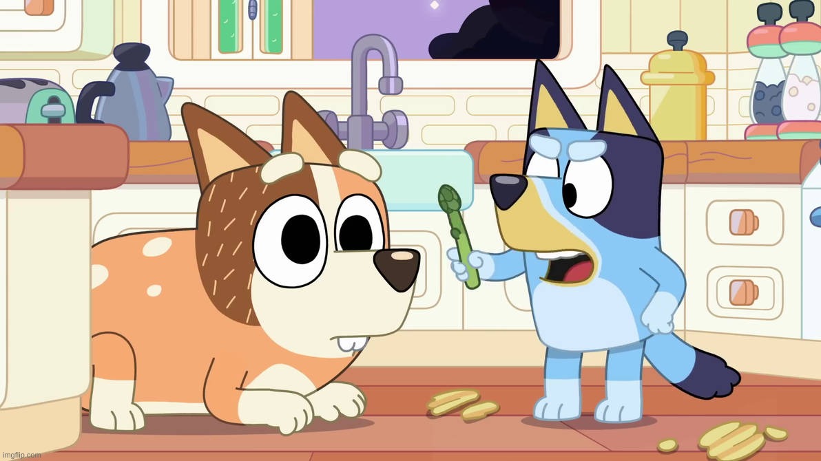 Bluey controlling her mother via an Asparagus | made w/ Imgflip meme maker