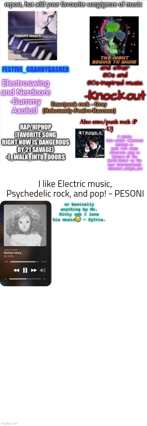 also I added more space for everyone else :D | or basically anything by Mr. Kitty smh I love his music😌 — Sylvia. | made w/ Imgflip meme maker