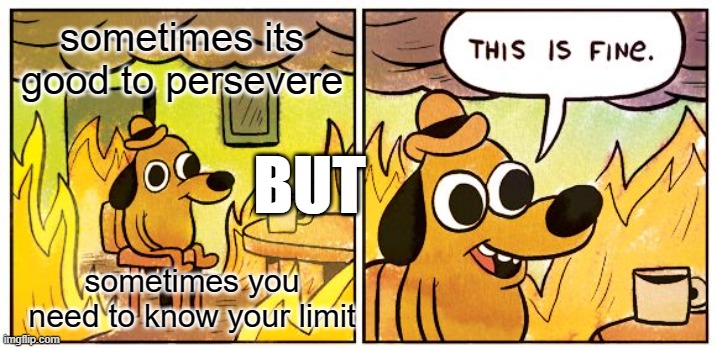 This Is Fine | sometimes its good to persevere; BUT; sometimes you need to know your limit | image tagged in memes,this is fine | made w/ Imgflip meme maker