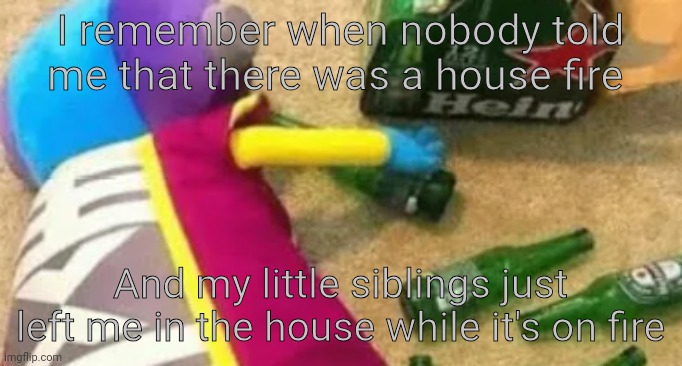 Idiot | I remember when nobody told me that there was a house fire; And my little siblings just left me in the house while it's on fire | image tagged in idiot | made w/ Imgflip meme maker