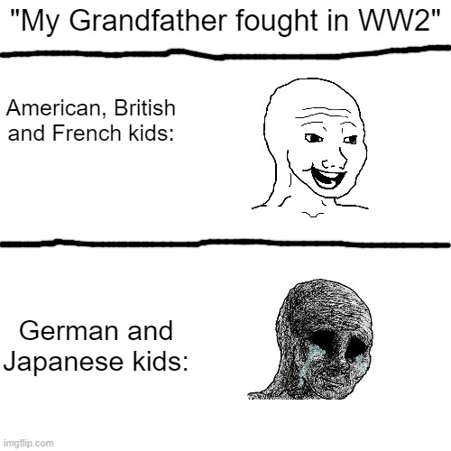 Oh no | "My Grandfather fought in WW2"; American, British and French kids:; German and Japanese kids: | image tagged in memes,ww2 | made w/ Imgflip meme maker