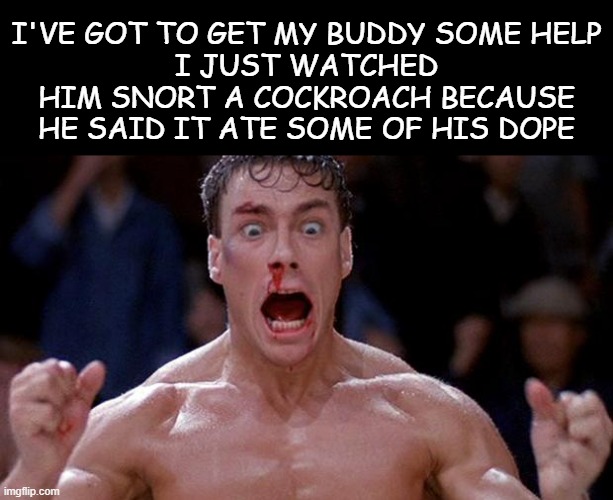 Blood sport Cocaine | I'VE GOT TO GET MY BUDDY SOME HELP
I JUST WATCHED HIM SNORT A COCKROACH BECAUSE HE SAID IT ATE SOME OF HIS DOPE | image tagged in blood sport cocaine,memes,funny | made w/ Imgflip meme maker