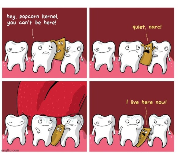 Popcorn kernel | image tagged in popcorn,kernel,comics,comics/cartoons,teeth,tooth | made w/ Imgflip meme maker