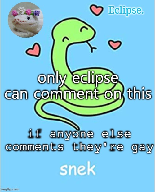 hi chat | only eclipse can comment on this; if anyone else comments they're gay | image tagged in eclipse snek temp thanks sayori | made w/ Imgflip meme maker
