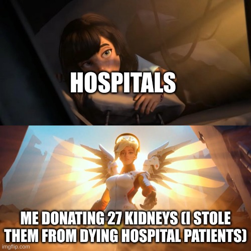 Overwatch Mercy Meme | HOSPITALS; ME DONATING 27 KIDNEYS (I STOLE THEM FROM DYING HOSPITAL PATIENTS) | image tagged in overwatch mercy meme,memes,dark humor | made w/ Imgflip meme maker