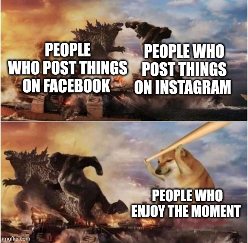 Kong Godzilla Doge | PEOPLE WHO POST THINGS ON FACEBOOK; PEOPLE WHO POST THINGS ON INSTAGRAM; PEOPLE WHO ENJOY THE MOMENT | image tagged in kong godzilla doge,godzilla,kong,godzilla vs kong,2024,memes | made w/ Imgflip meme maker