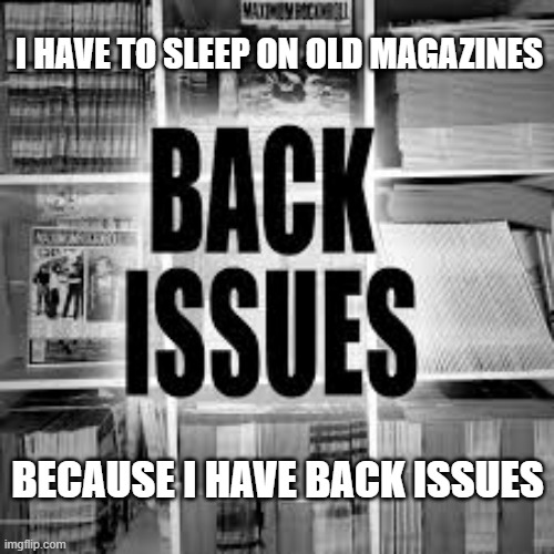 meme by Brad I have back issues | I HAVE TO SLEEP ON OLD MAGAZINES; BECAUSE I HAVE BACK ISSUES | image tagged in fun,funny,medical,funny memes,humor,magazines | made w/ Imgflip meme maker