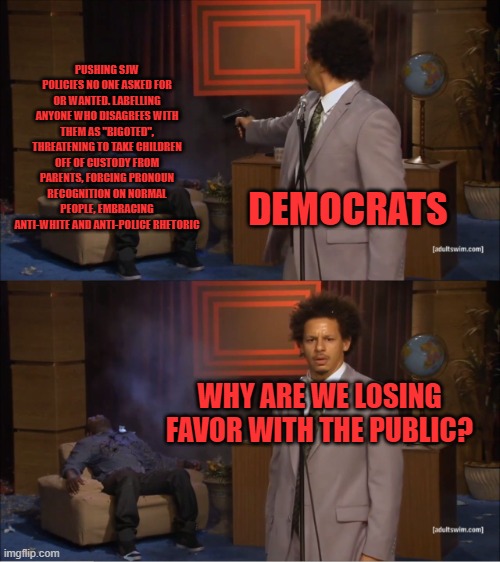 Gee, I wonder why Democraps | PUSHING SJW POLICIES NO ONE ASKED FOR OR WANTED. LABELLING ANYONE WHO DISAGREES WITH THEM AS "BIGOTED", THREATENING TO TAKE CHILDREN OFF OF CUSTODY FROM PARENTS, FORCING PRONOUN RECOGNITION ON NORMAL PEOPLE, EMBRACING ANTI-WHITE AND ANTI-POLICE RHETORIC; DEMOCRATS; WHY ARE WE LOSING FAVOR WITH THE PUBLIC? | image tagged in memes,who killed hannibal,democrats,woke,sjw | made w/ Imgflip meme maker