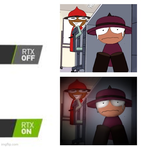 RTX off vs RTX on | image tagged in rtx off vs rtx on,banbodi hiding from expunged | made w/ Imgflip meme maker