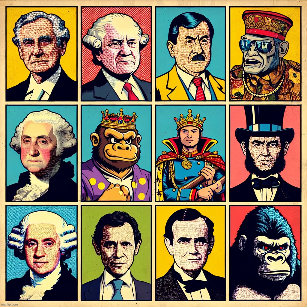 Ai: "George(s): Bush, Lopez, Washington, of the Jungle, King George, & the Gorilla (from Rampage) combine n2 1 character." Off. | image tagged in ai generated,george washington,george bush,gorilla,lopez,rampage | made w/ Imgflip meme maker