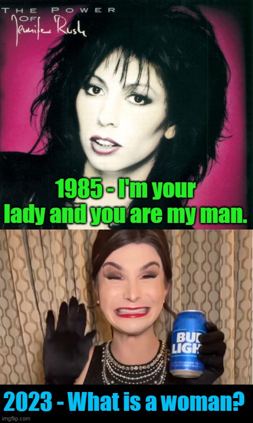 Everyday we stray further from God. xD | 1985 - I'm your lady and you are my man. 2023 - What is a woman? | image tagged in jennifer rush,dylan mulvaney,bud light,power of love,left,liberal | made w/ Imgflip meme maker