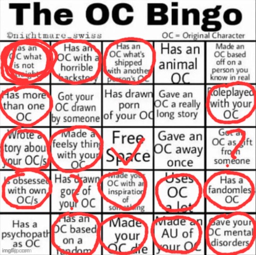 hey guys? remember that person with a gummy woman as one of their ocs? they're me. im back | image tagged in the oc bingo | made w/ Imgflip meme maker