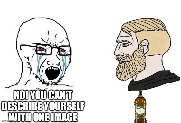 Extra virgin olive oil | NO! YOU CAN’T DESCRIBE YOURSELF WITH ONE IMAGE | image tagged in soyboy vs yes chad | made w/ Imgflip meme maker
