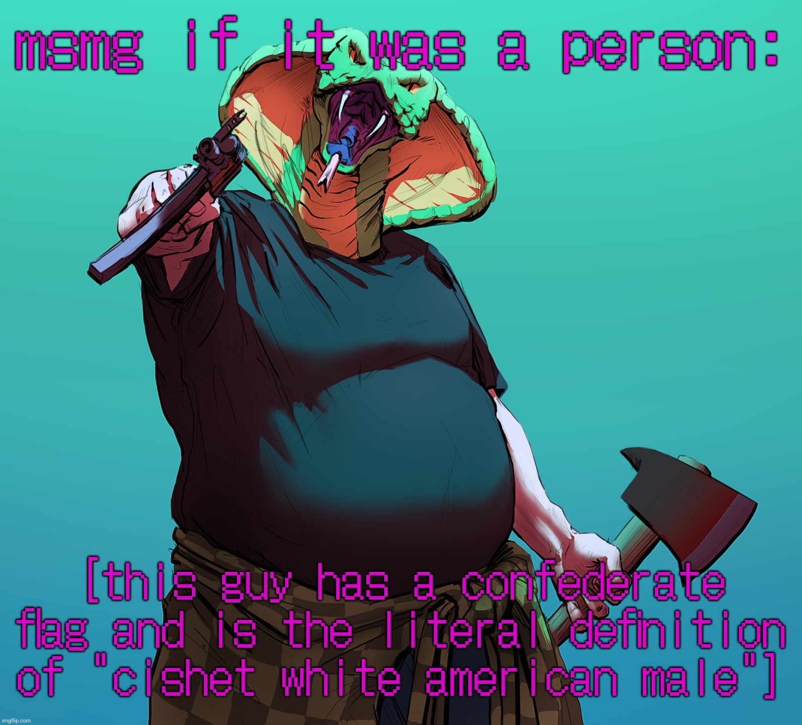msmg if it was a person:; [this guy has a confederate flag and is the literal definition of "cishet white american male"] | made w/ Imgflip meme maker