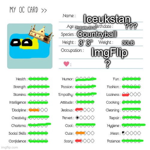 Might sell this to IceU for something (optional, does not require any payments, however they are appreciated <3 | Iceukstan; Probably 20-30; ??? Countryball; 3’ 3”; 30LB; ImgFlip; ? | image tagged in oc card template | made w/ Imgflip meme maker