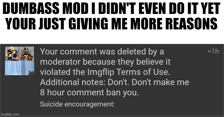 Who did this shit | DUMBASS MOD I DIDN'T EVEN DO IT YET

YOUR JUST GIVING ME MORE REASONS | made w/ Imgflip meme maker