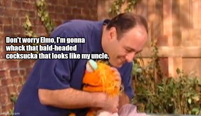 Tony Soprano & Elmo | Don't worry Elmo, I'm gonna whack that bald-headed cocksucka that looks like my uncle. | image tagged in funny | made w/ Imgflip meme maker