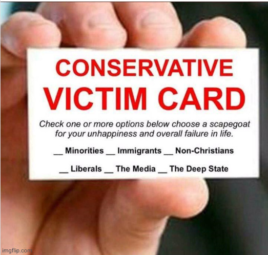 Brought to you by the Bureau of Blame and Bigotry | image tagged in victim card | made w/ Imgflip meme maker
