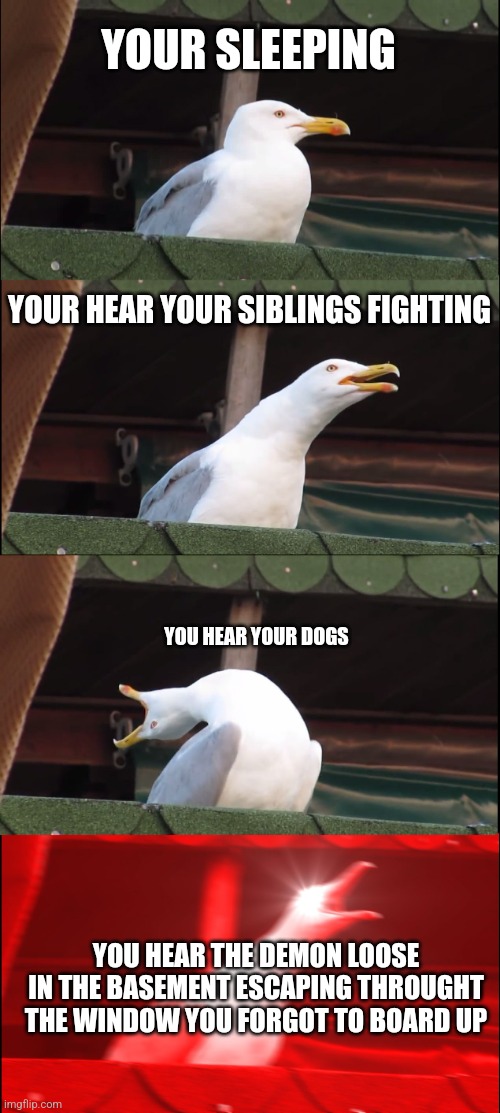 Inhaling Seagull Meme | YOUR SLEEPING; YOUR HEAR YOUR SIBLINGS FIGHTING; YOU HEAR YOUR DOGS; YOU HEAR THE DEMON LOOSE IN THE BASEMENT ESCAPING THROUGHT THE WINDOW YOU FORGOT TO BOARD UP | image tagged in memes,inhaling seagull | made w/ Imgflip meme maker