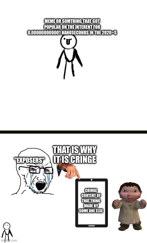 always happens | MEME OR SOMTHING THAT GOT POPULAR ON THE INTERENT FOR 0.000000000001 NANOSECONDS IN THE 2020+S; U; "EXPOSERS"; THAT IS WHY IT IS CRINGE; CRINGE CONTENT OF THAT THING MADE BY SOME ONE ELSE | image tagged in blank white template | made w/ Imgflip meme maker