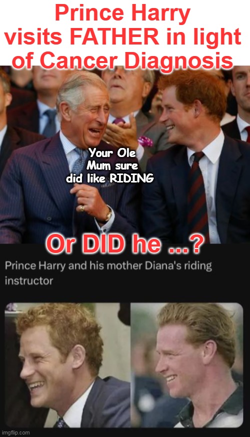 Obligatory "Red Headed Step Child" remark | Prince Harry visits FATHER in light of Cancer Diagnosis; Your Ole Mum sure did like RIDING; Or DID he ...? | image tagged in prince harry bastard meme | made w/ Imgflip meme maker