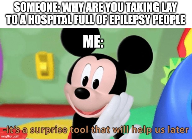 Its a suprise tool that will help us later ;) | SOMEONE: WHY ARE YOU TAKING LAY TO A HOSPITAL FULL OF EPILEPSY PEOPLE ME: | image tagged in its a suprise tool that will help us later | made w/ Imgflip meme maker