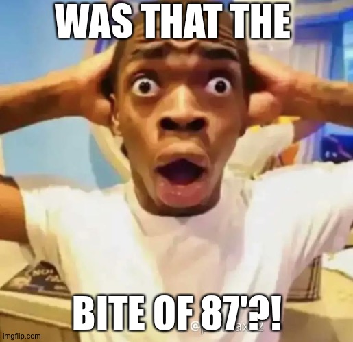 Markiplier: | WAS THAT THE; BITE OF 87'?! | image tagged in shocked black guy | made w/ Imgflip meme maker