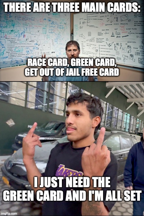 THERE ARE THREE MAIN CARDS:; RACE CARD, GREEN CARD, GET OUT OF JAIL FREE CARD; I JUST NEED THE GREEN CARD AND I'M ALL SET | image tagged in let me explain,migrant flipoff | made w/ Imgflip meme maker