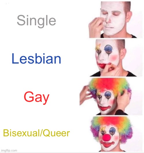 LGBTQ meme | Single; Lesbian; Gay; Bisexual/Queer | image tagged in memes,clown applying makeup | made w/ Imgflip meme maker