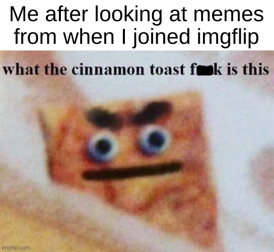 The cringe mannnn | Me after looking at memes from when I joined imgflip | image tagged in what the cinnamon toast f is this | made w/ Imgflip meme maker