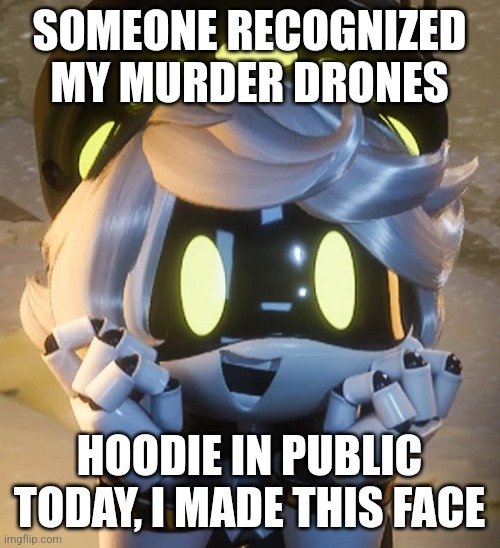 Happy N | SOMEONE RECOGNIZED MY MURDER DRONES; HOODIE IN PUBLIC TODAY, I MADE THIS FACE | image tagged in happy n | made w/ Imgflip meme maker