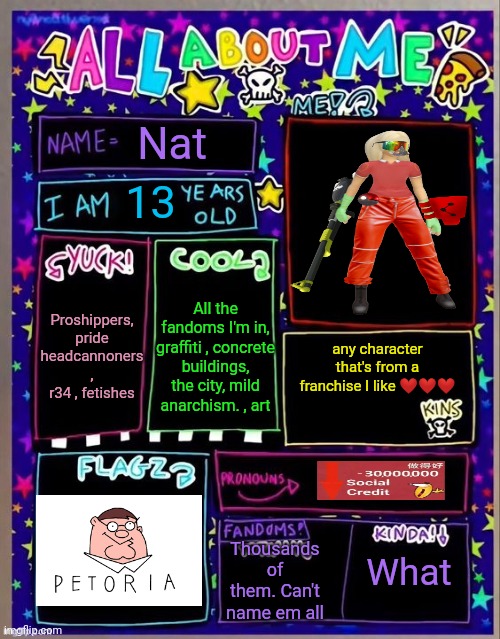 All about me! (Og temp by Jade) | Nat; 13; Proshippers, pride headcannoners , r34 , fetishes; All the fandoms I'm in, graffiti , concrete buildings, the city, mild anarchism. , art; any character that's from a franchise I like ❤❤❤; Thousands of them. Can't name em all; What | image tagged in all about me og temp by jade | made w/ Imgflip meme maker