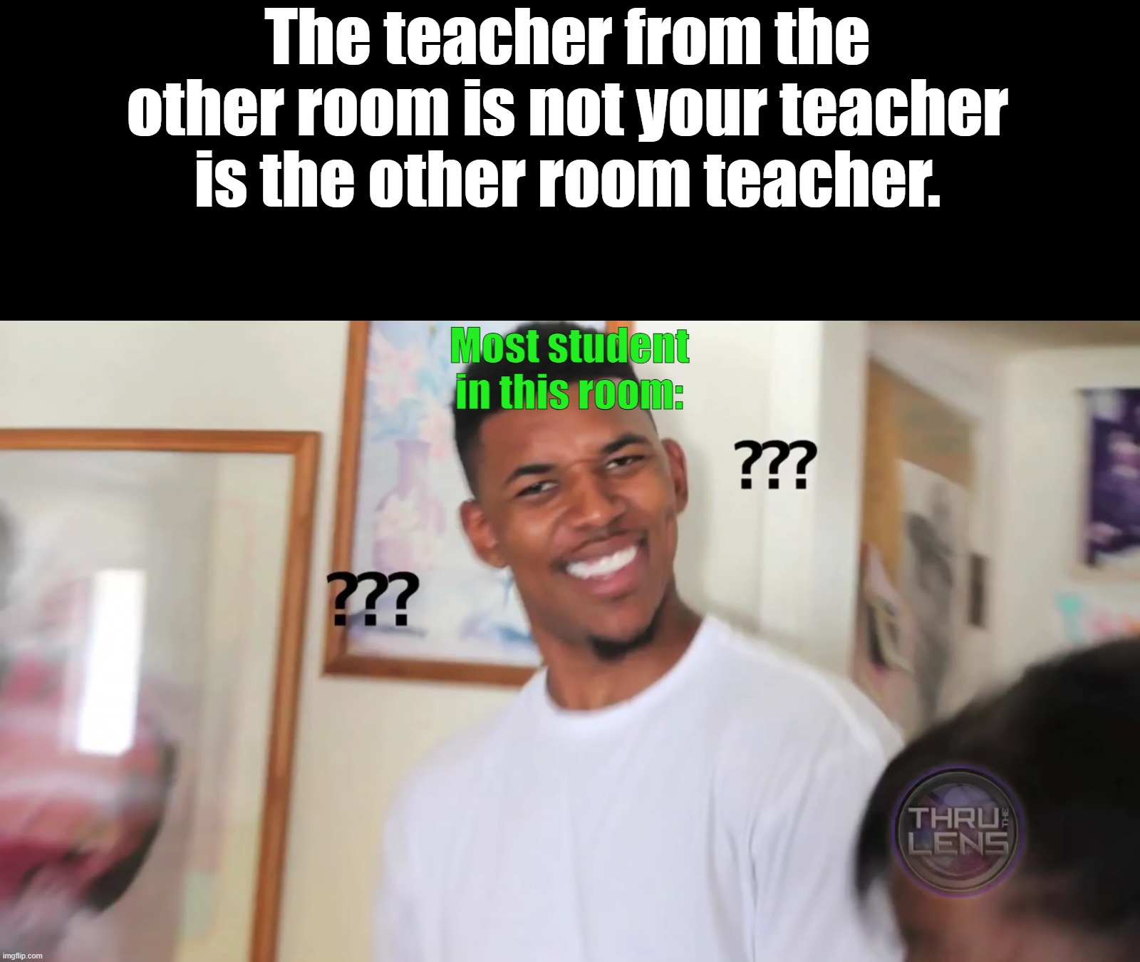 Eastglen CLS | The teacher from the other room is not your teacher is the other room teacher. Most student in this room: | image tagged in black guy question mark,school,funny,memes | made w/ Imgflip meme maker
