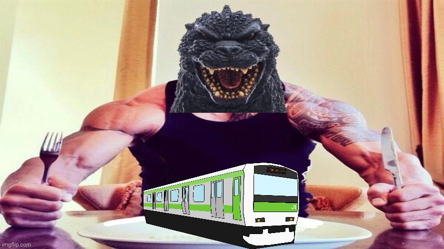 Godzilla loves munching on trains | image tagged in dwayne the rock eating,godzilla | made w/ Imgflip meme maker