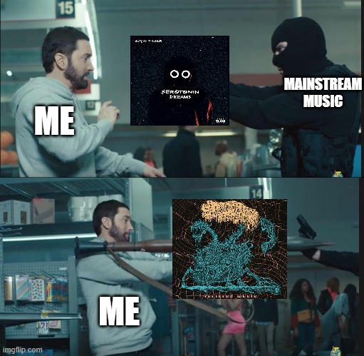 i've listened to every song sanguisugabogg made and appear on | ME; MAINSTREAM MUSIC; ME | image tagged in eminem rocket launcher | made w/ Imgflip meme maker