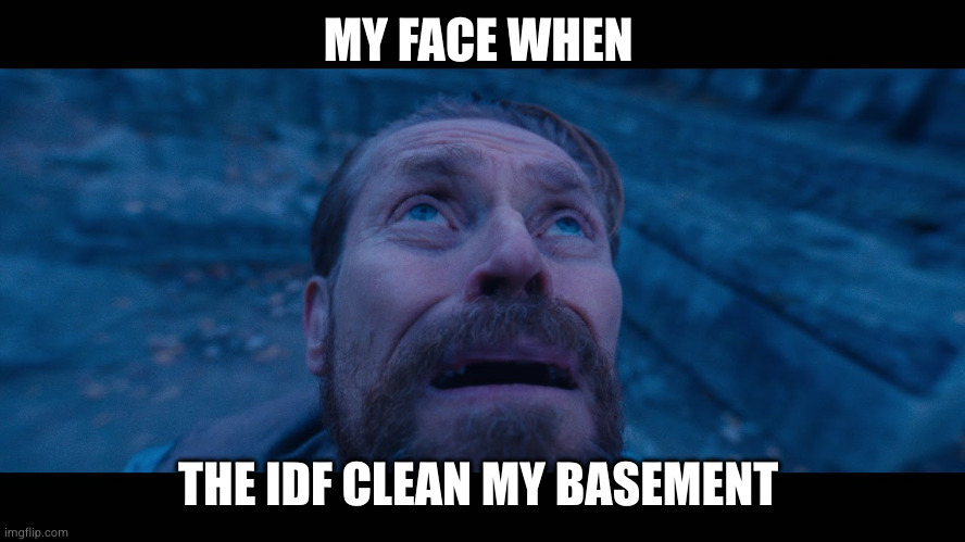 willem dafoe looking up | MY FACE WHEN; THE IDF CLEAN MY BASEMENT | image tagged in willem dafoe looking up | made w/ Imgflip meme maker