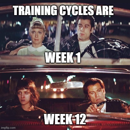 Training cycles continum | TRAINING CYCLES ARE; WEEK 1; WEEK 12 | image tagged in on the way to-on the way back | made w/ Imgflip meme maker