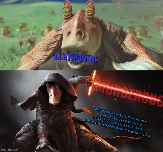 DarthSwede & Murderous | WHY TF WAS I COMMENT BANNED I LITERALLY PUT THE LINK THAT THE IMAGE SAID IN THE COMMENTS | image tagged in darthswede murderous | made w/ Imgflip meme maker