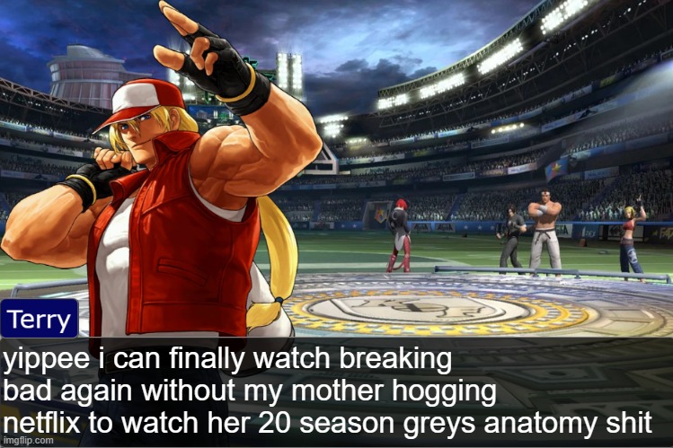 Terry Bogard objection temp | yippee i can finally watch breaking bad again without my mother hogging netflix to watch her 20 season greys anatomy shit | image tagged in terry bogard objection temp | made w/ Imgflip meme maker