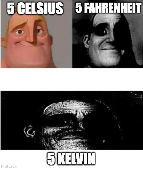 Kelvin users be like: | 5 FAHRENHEIT; 5 CELSIUS; 5 KELVIN | image tagged in traumatized mr incredible 3 parts | made w/ Imgflip meme maker