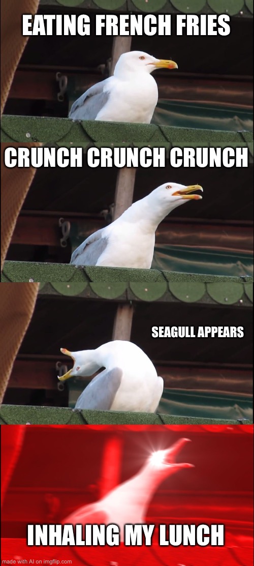 Inhaling Seagull Meme | EATING FRENCH FRIES; CRUNCH CRUNCH CRUNCH; SEAGULL APPEARS; INHALING MY LUNCH | image tagged in memes,inhaling seagull | made w/ Imgflip meme maker