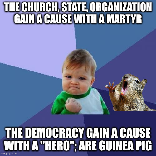 guinea pig | THE CHURCH, STATE, ORGANIZATION GAIN A CAUSE WITH A MARTYR; THE DEMOCRACY GAIN A CAUSE WITH A "HERO"; ARE GUINEA PIG | image tagged in memes,success kid | made w/ Imgflip meme maker